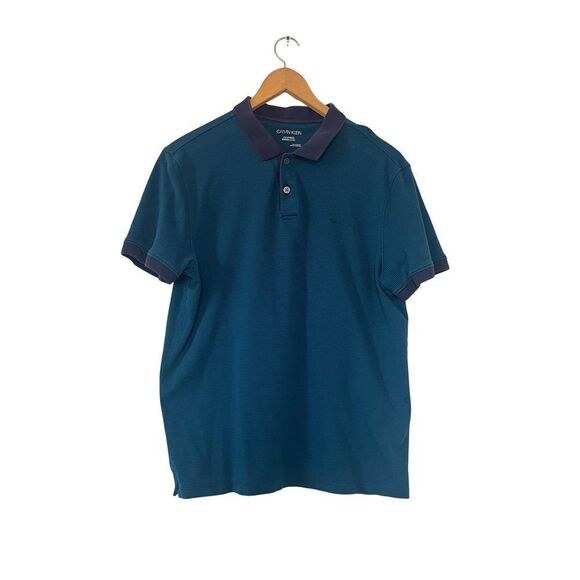 Calvin Klein Teal Navy Thin Stripes Liquid Touch Cotton Polo Shirt - Picture 4 of 10